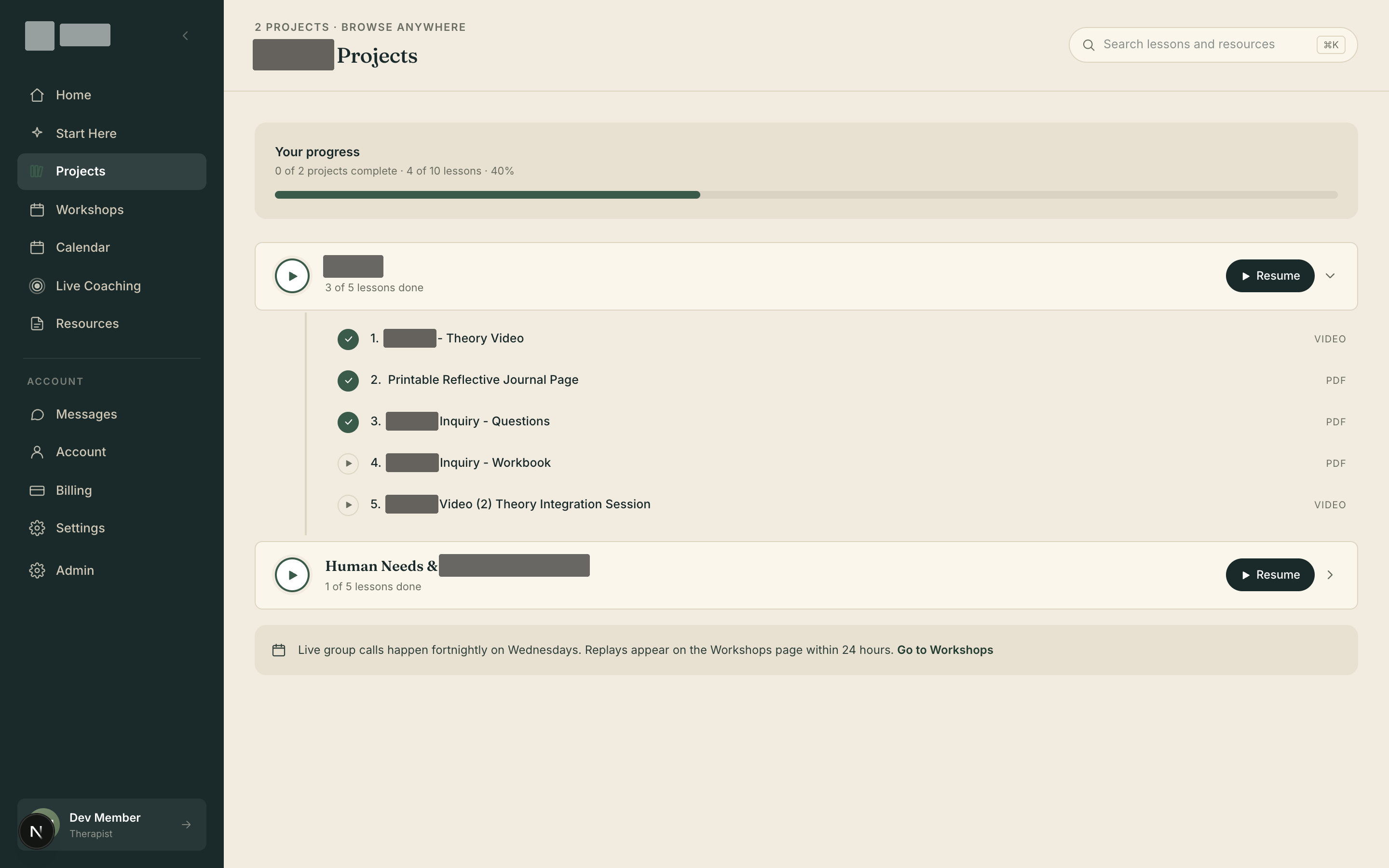 Curriculum — modules, lesson types, per-member progress