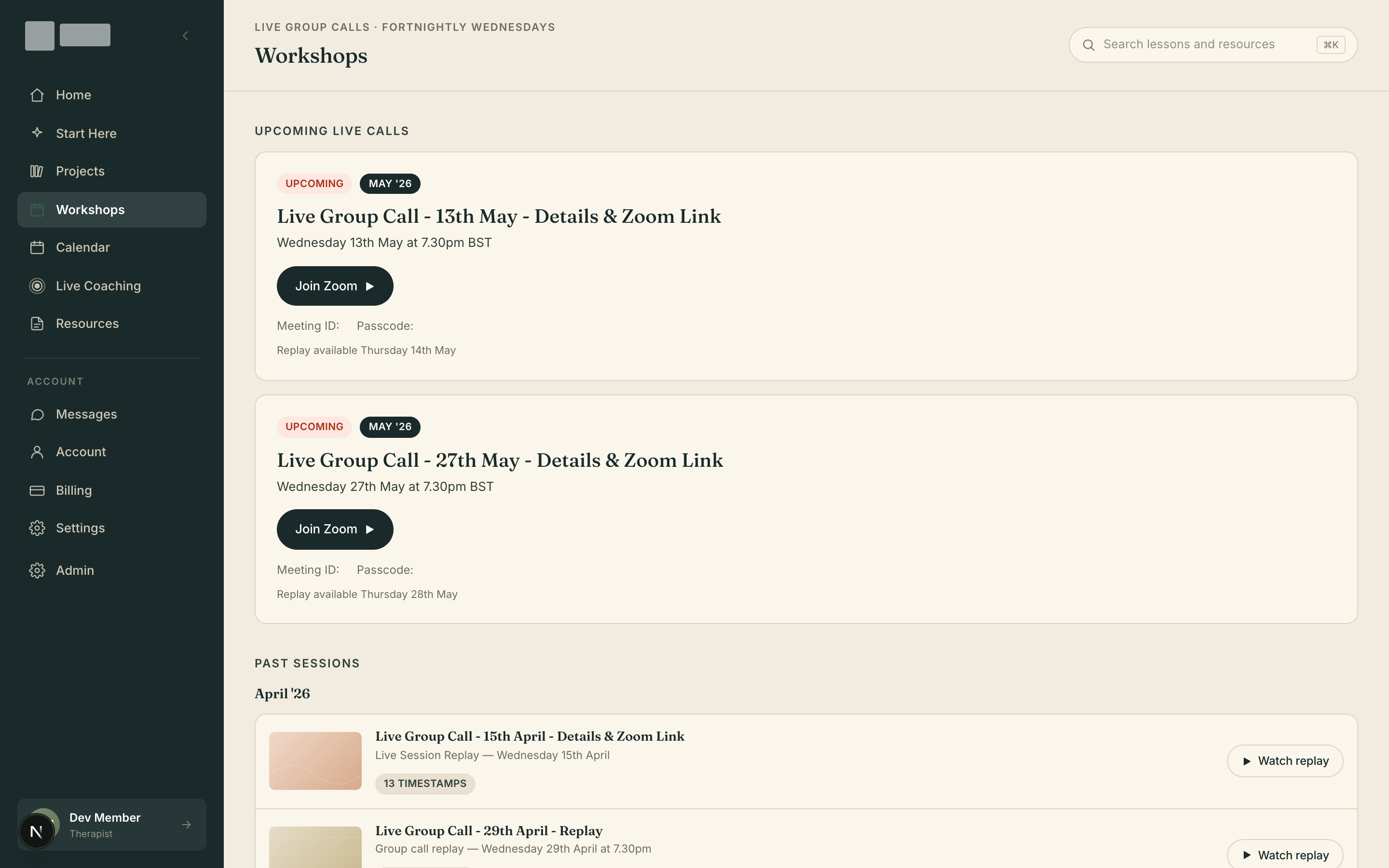 Workshops — upcoming live calls and the replay archive